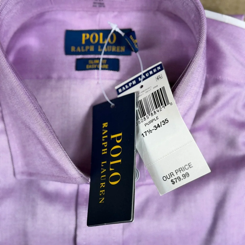Polo Ralph Lauren Mens Slim Fit Easy Care Dress Shirt Purple 17.5 34/35 NEW